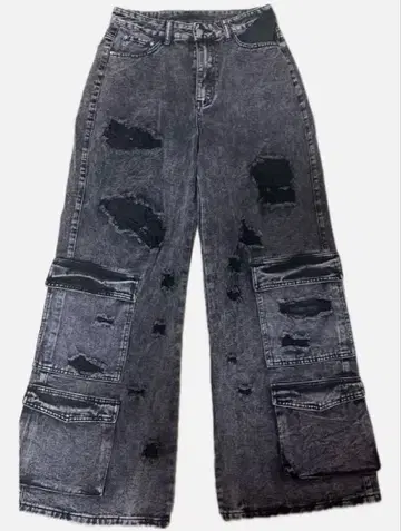 블랙 데미지 가공 와이드 레그 팬츠