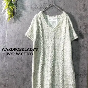 옷장 반팔 니트 원피스 무릎 기장 케이블 짜임 V넥 울 혼방