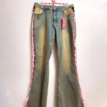 romwe 레이스업 데님 리본 핑크