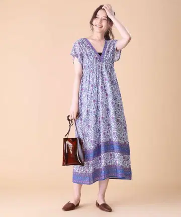 프릭스스토어 패널 프린트 원피스 인도 면 퍼플