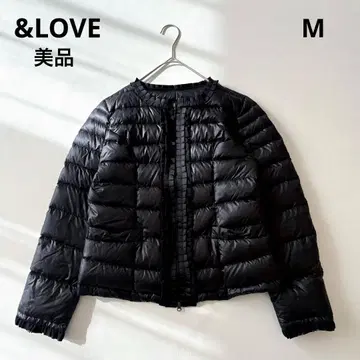새상품급&LOVE 앤드러브 경리치 프릴 리본 노카라 다운 자켓 M 블랙