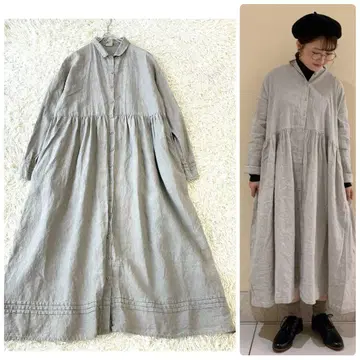 THUHARU 린넨 원피스 롱 핀턱 베이지