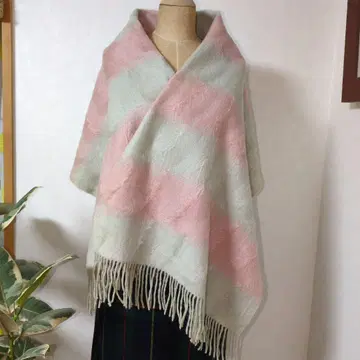 쇼와 레트로 스톨/숄 핑크와 옅은 그린 스트라이프 대형