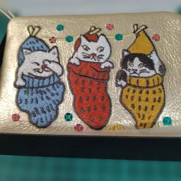 고양이 자수 접이식 지갑 골드 컬러