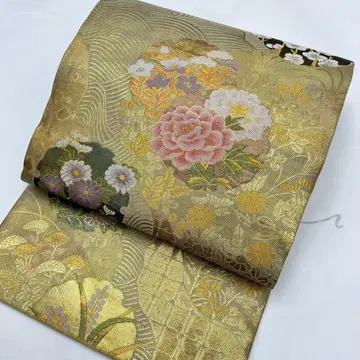 순수 실크 6통 후쿠로 오비 포멀 눈꽃 문양에 꽃