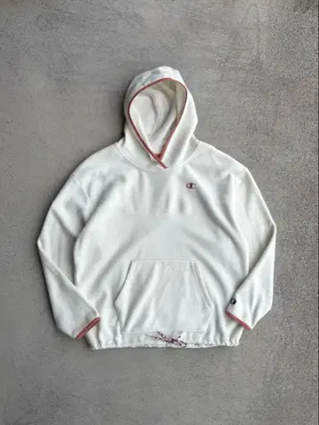 00s 챔피온 구제 의류 플리스 풀오버 후드티 파이핑 화이트 핑크