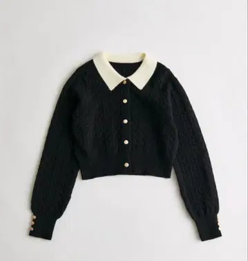 골드 버튼 케이블 카라 가디건 & 니트 플리츠 스커트 [ 세트 ]