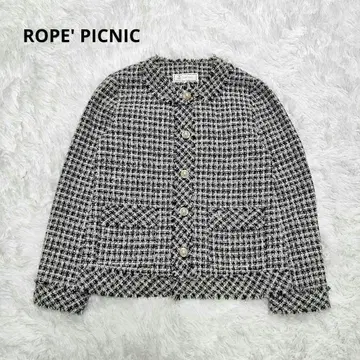 로페피크닉 트위드 노카라 자켓 펄 버튼 38