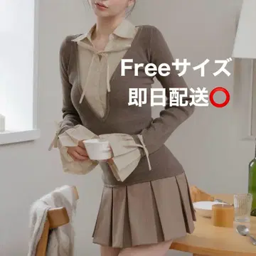 Darich 셔츠 도킹 플리츠 미니 원피스 모카 Free 사이즈