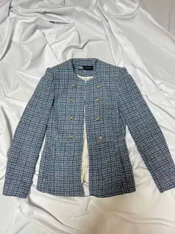 자라 [ S ] 블루 계열 트위드 자켓 A라인 체크 노카라