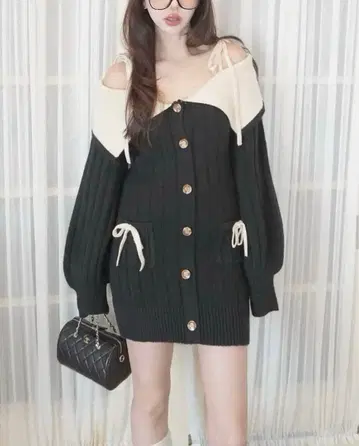 [ 새상품급 ] amerge 아멜쥬 오프숄더 리본 원피스 블랙