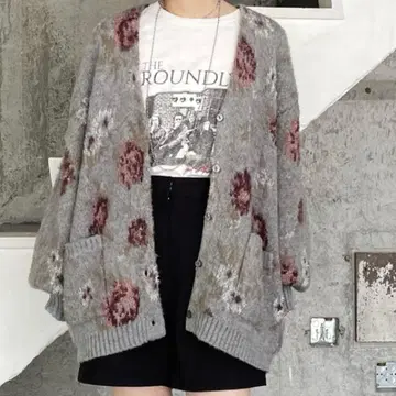 JEANASIS 꽃무늬 라메 페더 V넥 가디건