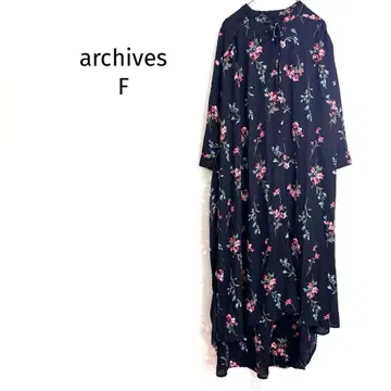 아카이브 롱 원피스 꽃무늬 가슴 리본 허리밴딩 긴팔 네이비