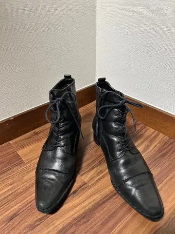 남성용 천연 가죽 스틸레토 레이스업 부츠 블랙 24.5cm