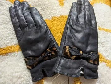 bonne volonte 레오파드 무늬 리본 포함 블랙 라무 가죽 장갑
