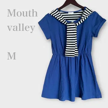 마우스 밸리 숄더풍 원피스 반팔 M 블루 보더 세일러 카라
