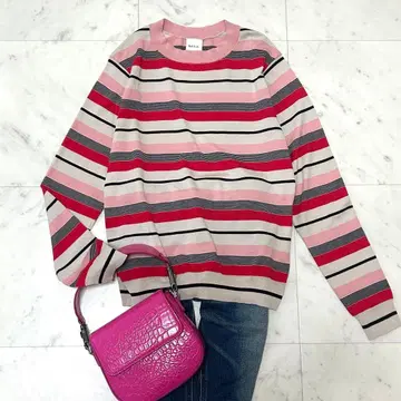 극미품 폴스미스 핑크 보더 긴팔 실크 워셔블 얇고 가벼운 니트