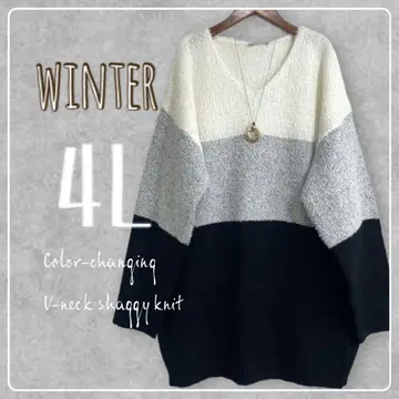 새상품 4L 빅 사이즈 배색 절개 V넥 샤기 니트 원피스 블랙