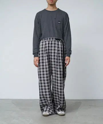 그레이 체크 무늬 사이드 벨트 와이드 슬랙스