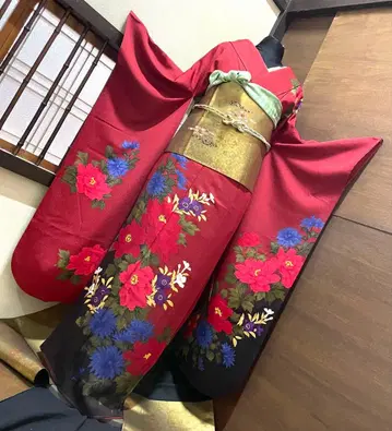 후리소데 풀세트 6점 사이즈 S~M 초화문 요시메 염색 금채 순수 실크