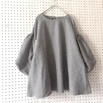 깅엄 체크 볼륨 소매 벌룬 소매 블라우스 백리본 루즈핏