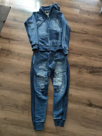 PIU1UGUALE3 데미지 데님 맨투맨 후드티 상하의 세트 M