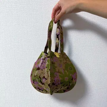 [접이식] 실크 자수 꽃무늬 핸드백 그린과 보라색