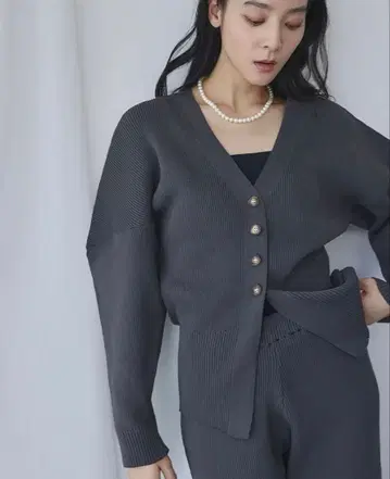 셋업 드롭 숄더 리브 니트 가디건 & 골지 니트 팬츠