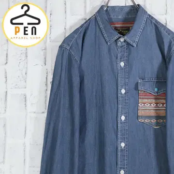[멕시코풍] 데님 셔츠 자수 포켓 레트로 버튼 비쥬 M