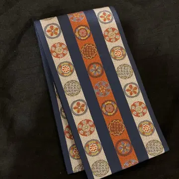 하카타 직물 네이비 나염 길상 문양 간도 반폭 오비