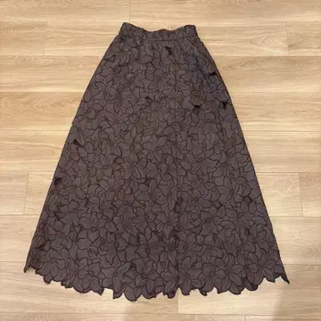 코코딜 레이스 플레어 스커트 꽃무늬 롱 브라운 M 비침 귀여운