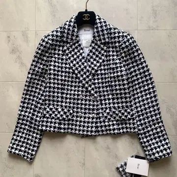 새상품급 르네 TISSUE제 하운드투스 체크 펄 버튼 자켓 숏 기장 34