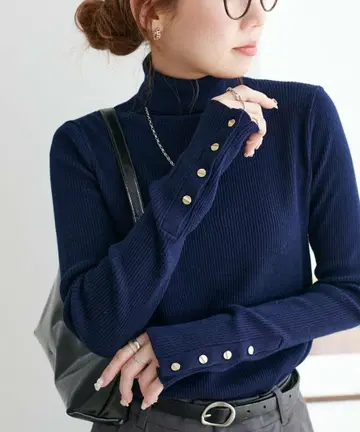 디스코트 리브 소매 버튼 터틀 네이비