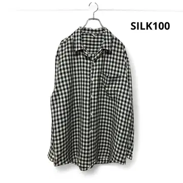 실크 100 깅엄 체크 셔츠 블랙 화이트 L