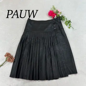 K228 M 포우 램 가죽 플리츠 미디 스커트 블랙 여성용