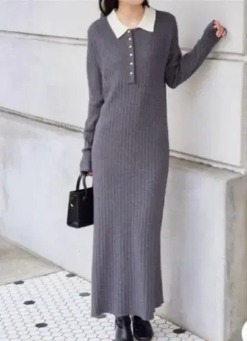 새상품급 RANAN 리브 니트 폴로 원피스 그레이 L 라난 롱 원피스