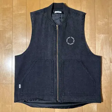 Perushu 블랙 데님 베스트 집업 로고 자수 M