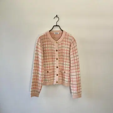 일본제 빈티지 니트 가디건 체크 골드 버튼 레트로 M 코튼