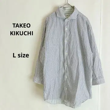 TAKEO KIKUCHI 코튼 셔츠 L 스트라이프 5부 소매 네이비