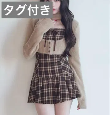 bunnylis 퍼 볼레로 x 체크 미니 원피스 원피스 브라운