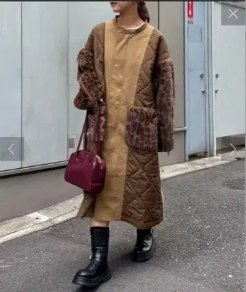 [ etsinta/에신타 ] 퍼 절개 노카라 퀼팅 코트