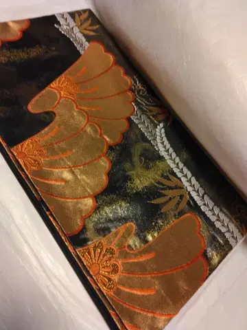 후쿠로 오비 블랙 골드 오렌지 꽃 무늬