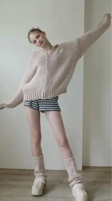 [ Seemi. ] 로우 게이지 후드 니트 핑크