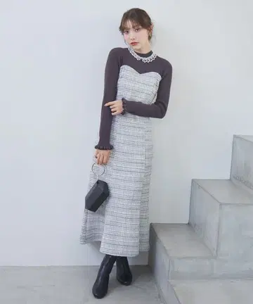 LILLIAN CARAT 트위드 니트 도킹 원피스