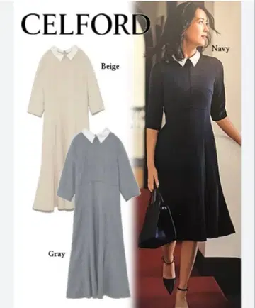 CELFORD 네이비 무릎 기장 원피스 7부 소매