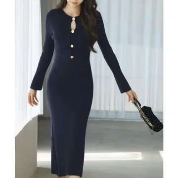 눈물 트임 스타일 종아리 기장 니트 원피스 세존드파피용 네이비