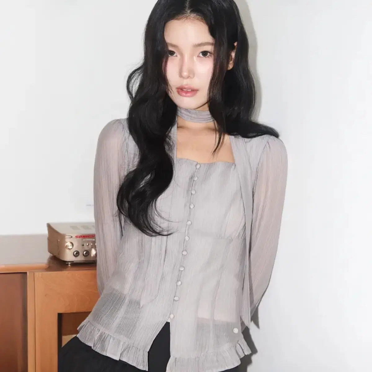 Illy Ribbon Tie Square Neck Long Blouse New Product #블라우스 