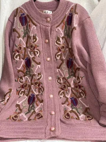 빈티지 자수 가디건 니트 자켓 핑크 꽃무늬 레트로 쇼와