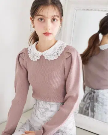 2WAY 비쥬 레이스 카라 부착 리브 니트 풀오버 tocco