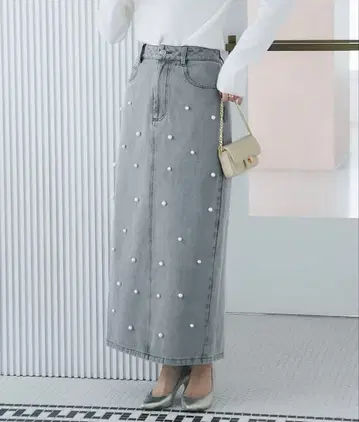 러브티크 붐붐 펄 장식 데님 나이트 맥시 스커트
